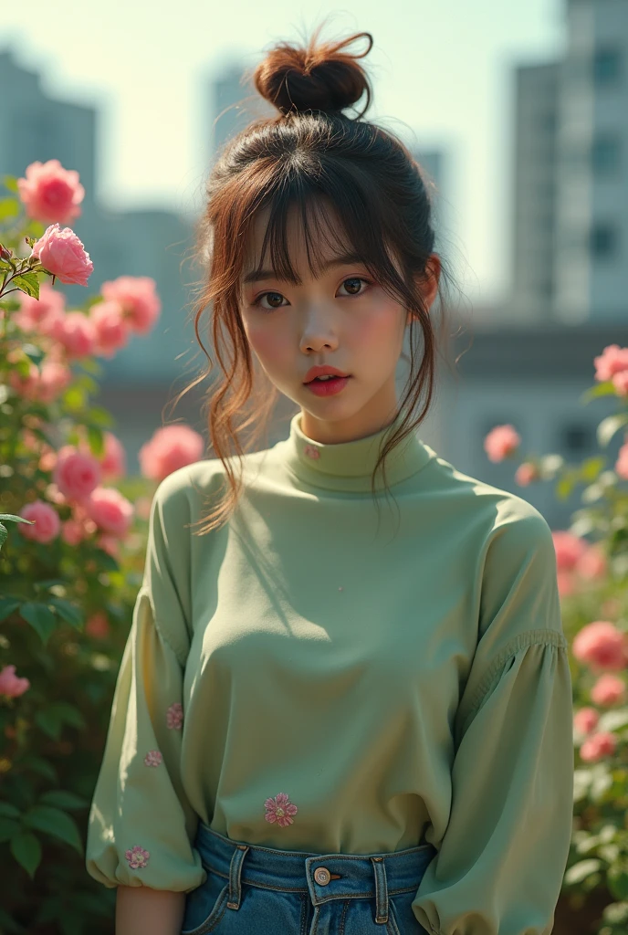 close up of a beautiful japanese woman with messy bun highlighted brown hair, turtle neck light green with floral print fabric top and blue jeans skirt , walking and suprised face, in a rooftop garden, pink roses vines, particles and nice lighting, UHD, HDR, 8k, Masterpiece, realistic, hyper realistic