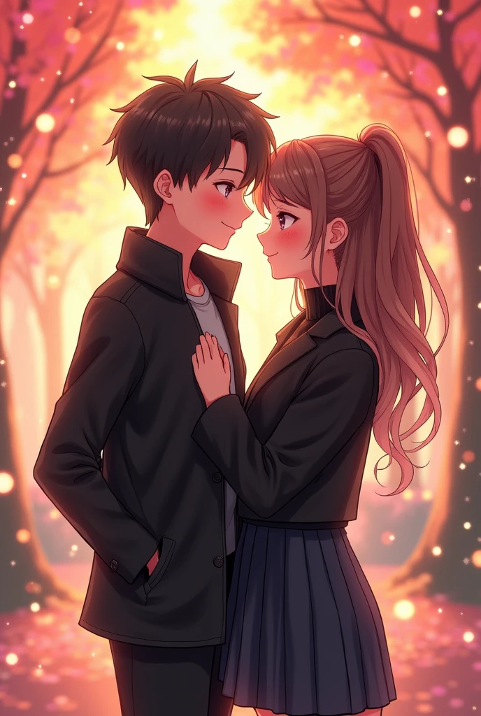 Anime cute couple, black outfit, happiness