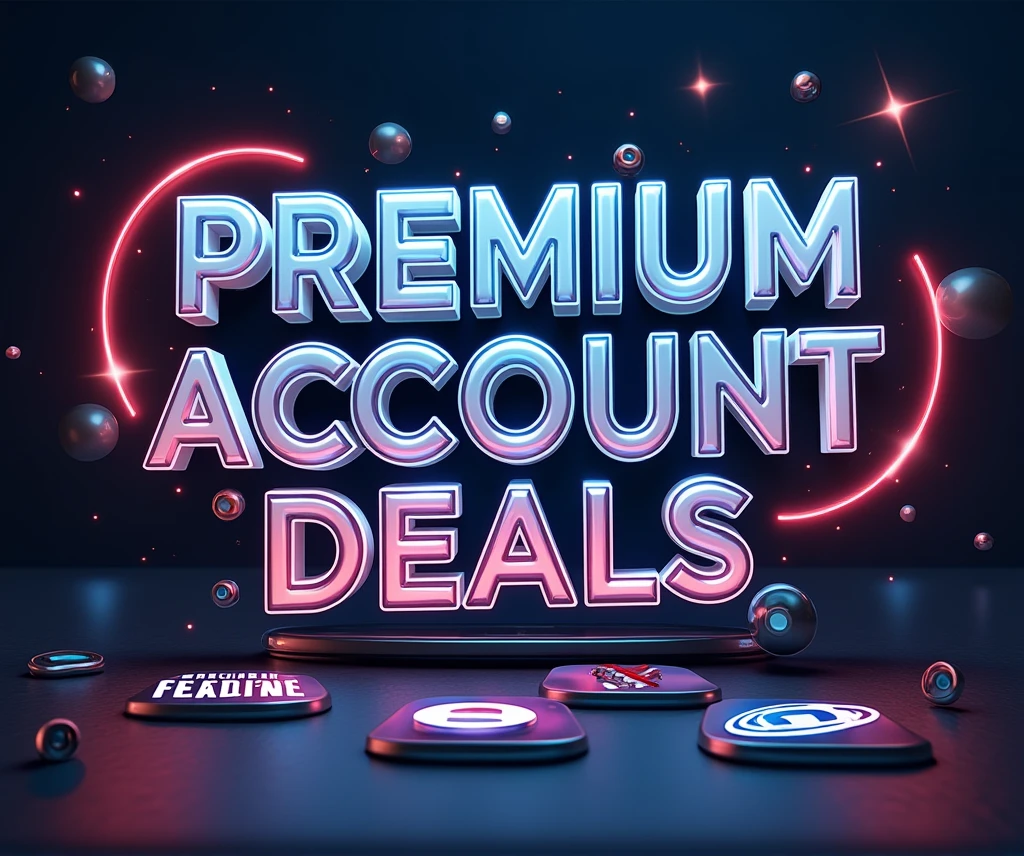 Create a professional theme for a group called 'Premium Account Deals,' focused on buying and selling accounts. Include logos of platforms like Efootball, PUBG Mobile, Free Fire, and Netflix. The design should be dynamic and engaging, with a modern, sleek background. Make sure the group name, 'Premium Account Deals,' is prominently displayed in the photo with bold, stylish lettering that matches the overall theme, emphasizing trust and quality deals.