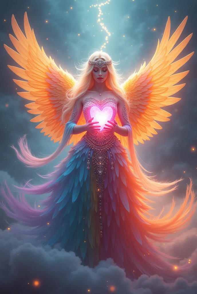 A tremendous god々Shi Thank you for your continued support A heart of gratitude shines in pink Gentle rainbow-colored feathers dance 8K In a beautiful dress with jewels