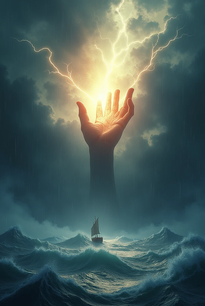 "Picture God's great, light-filled hand emerging from a dark cloud in the midst of a mighty storm. The hand came out of the sky reaching into the midst of the raging waves and heavy rain.. The whole background has a small ship in the middle of the ocean. depicts the power of a storm with lightning and strong winds, while the hand of God shows calm and soothing strength in the midst of chaos."