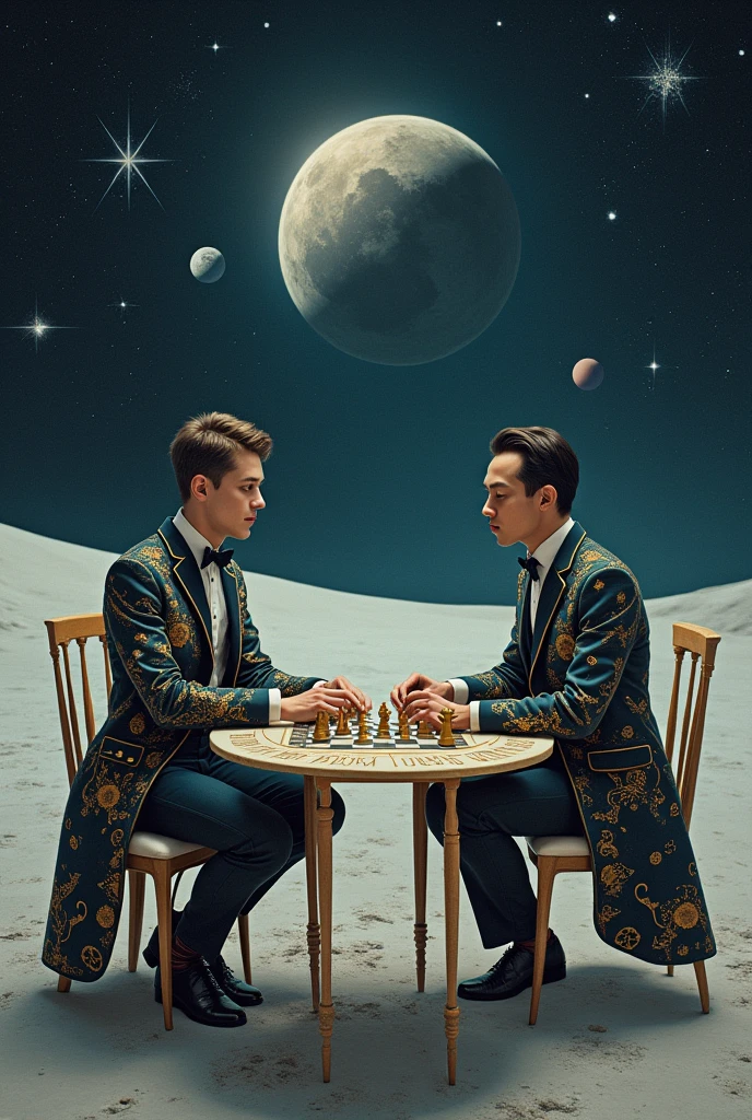 Two Human with Astrology suit playing Chess in moon

