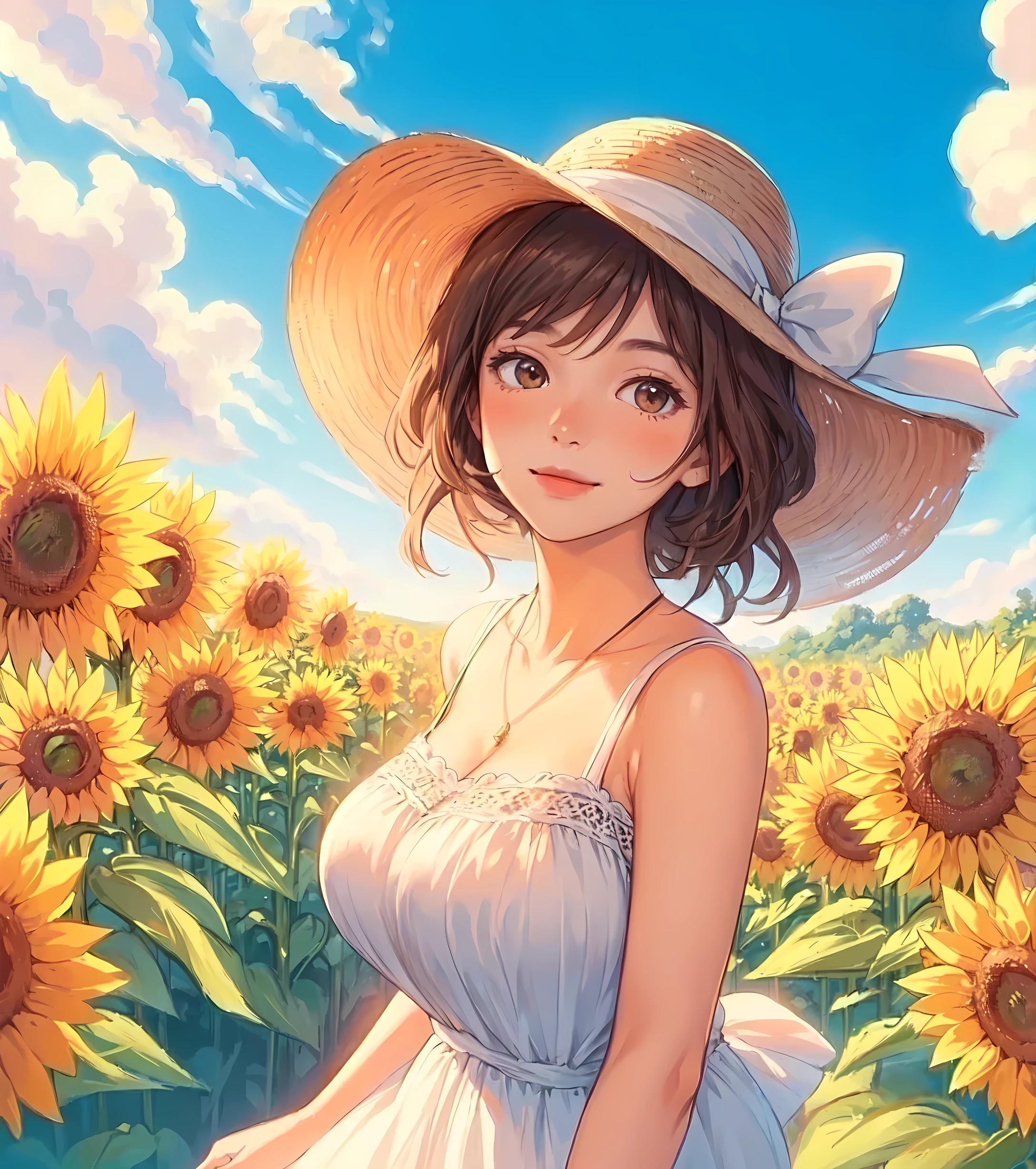 1lady standing, stylish outfit (refreshing attire), (sundress) (straw hat), (mature female:0.8), /(brown hair/) bangs, blush kind smile, (masterpiece best quality:1.2) delicate illustration ultra-detailed, large breasts BREAK (vibrant sunflower field) outdoors, blue sky, sunlight, detailed background