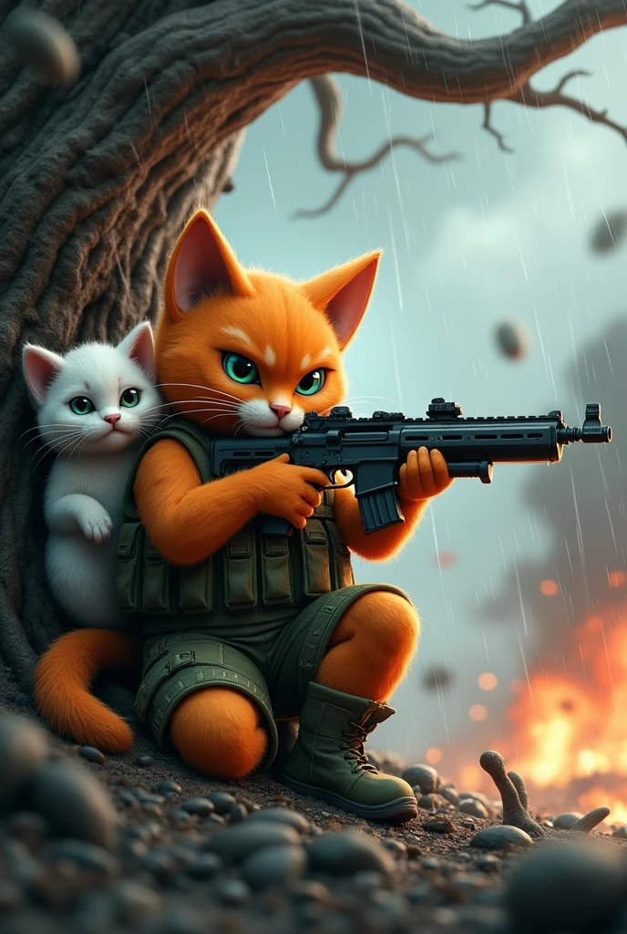 An orange soldier cat kneeled with riffle shooting the enemy infront and the chubby white kitten hide behind him , in an old and giant tree, rainy and windy weather, bombing and explosion behind them, in a battle field, 3D style