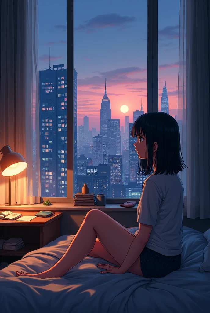 At dusk、Picture an anime-style girl sitting on a bed in a modern city apartment。The room is comfortable、Relaxed atmosphere、There is a lamp on the desk、Books and stationery are scattered all over the place。Has shoulder-length black hair、Dressed casually、Gazing thoughtfully at the city skyline outside the window。There are skyscrapers in the background、The sun begins to set、When the lights in the building started to come on、Create a quiet, contemplative mood