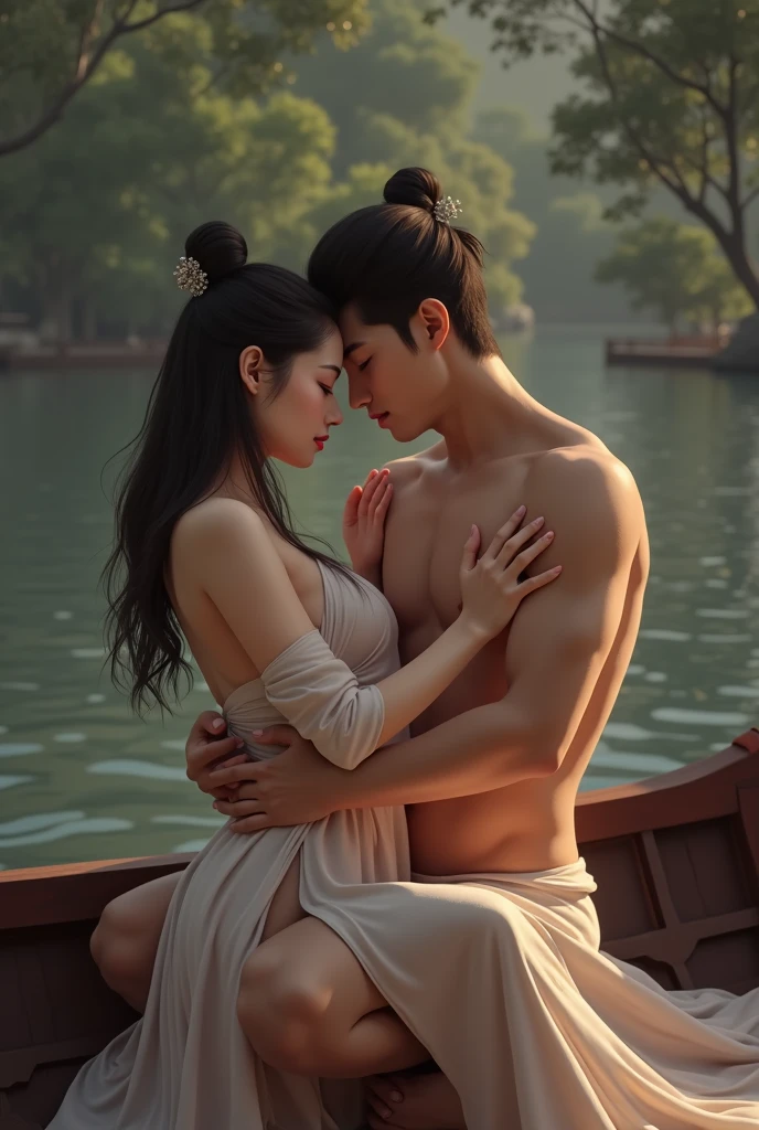 On a soft and beautiful bed, a handsome young man with beautiful long black hair tied halfway down his head, wearing a white and gold sarong, a gold necklace, fair skin, strong body, aged 30 years, hugging a beautiful, sweet and gentle young woman with long black hair flowing, wearing a light green Dusit Thai dress, wearing a white and orange sarong with pink sheen, a white and gold sheen shawl, an oil painting, a dimensional painting, an art painting by Ajarn Chalermchai.