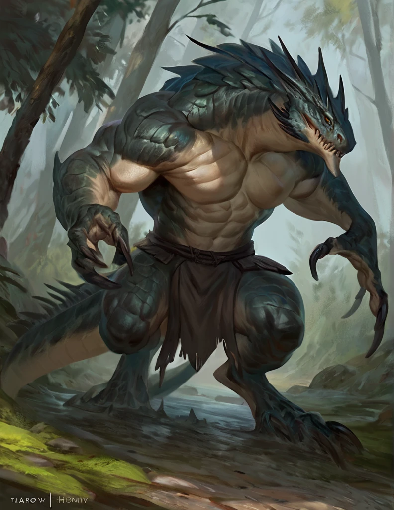 Muscular slime monster lizardfolk, comicbook style, best quality, 4k, ultra-detailed, by laobai, by taran fiddler, by honovy