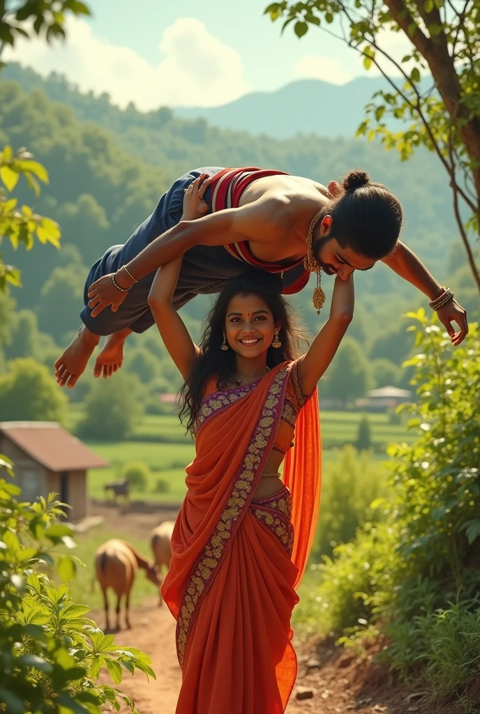 Smiling, Beautiful indian village young girl in saree carrying a large man over her head in a farm, full view