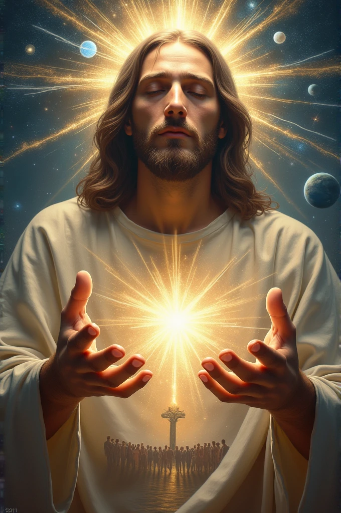 Face of Christ Jesus extends his hands to humanity with eyes of light and galaxies observing humanity humanity walking towards God in lines of time and space planet Earth rays thunder universe planets galaxies stars of light mandalas