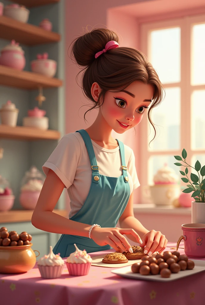 I want a girl making chocolates, sweets, etc. with pastel colors for a business, I don&#39;t want anything that is in English, everything in Spanish with the name of the place "THE MARIAS