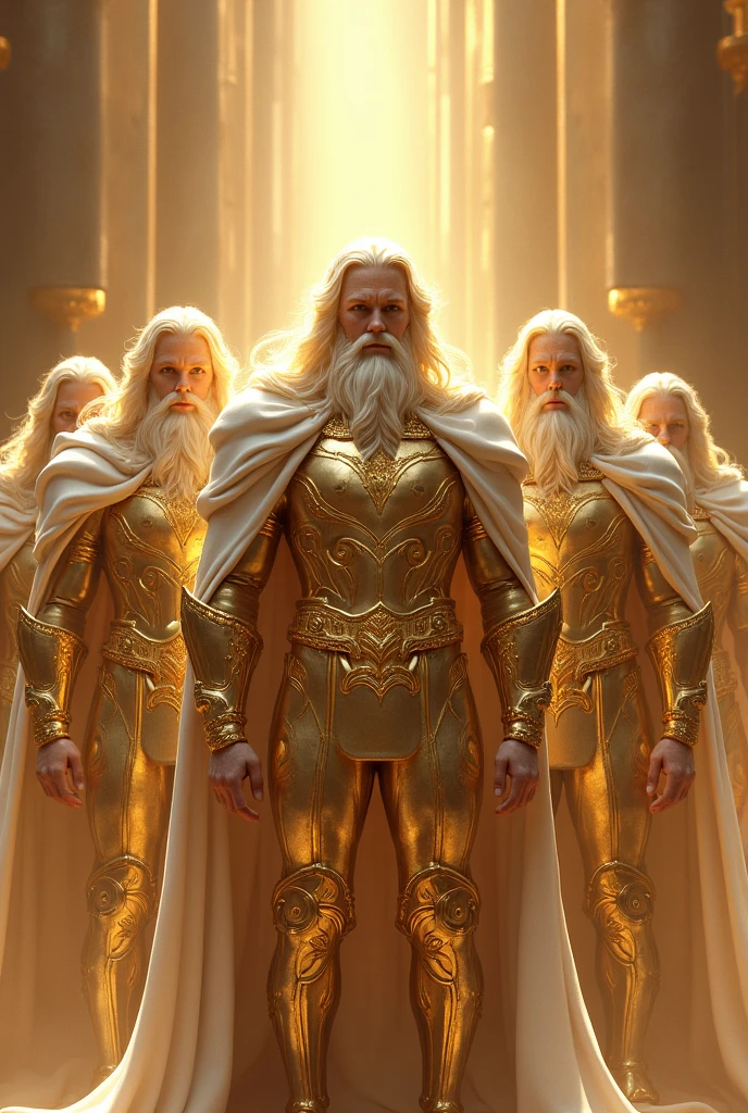 Make me a 4 king wearing a big IMPOSING golden armor, like light, ayant des cheveux et une barbe blonde soyeuse. Possessing a cape made of long white hairs at shoulder level 