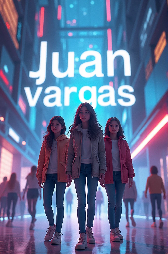 Create girls on futuristic background and name " Juan Vargas" from behind the girls