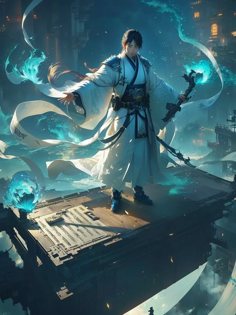 Standing on a platform,There is a huge aerial screen with anime characters on the platform, author:Yang J, by Feng Zhu, Li Song, author Bayard Wu, Ross Tran 8k, ross tran 和 wlop, by Qu Leilei, author:Chen Zhou, author:Chen Lin, Chinese Fantasy, author Victor Wang, flowing white robe, author:Lin Liang