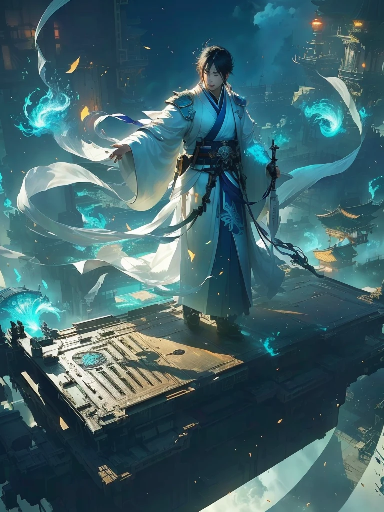 Standing on a platform，There is a huge aerial screen with anime characters on the platform, author：Yang J, by Feng Zhu, Li Song, author Bayard Wu, Ross Tran 8k, ross tran 和 wlop, by Qu Leilei, author：Chen Zhou, author：Chen Lin, Chinese Fantasy, author Victor Wang, flowing white robe, author：Lin Liang