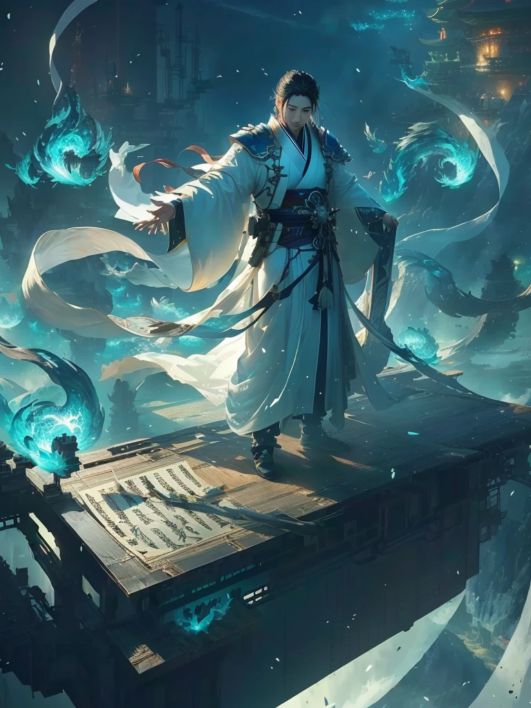 Standing on a platform,There is a huge aerial screen with anime characters on the platform, author:Yang J, by Feng Zhu, Li Song, author Bayard Wu, Ross Tran 8k, ross tran 和 wlop, by Qu Leilei, author:Chen Zhou, author:Chen Lin, Chinese Fantasy, author Victor Wang, flowing white robe, author:Lin Liang