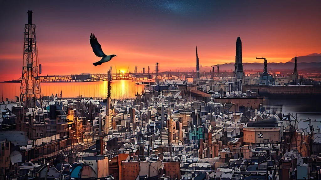 Bird's-eye view of a large oil refinery with a sunset in the background, chemical plant, Industrial Settings, Industrial Zone, Industrial Parks, industry都市, Industrial Photography, industry, Wayne England, Detailed and complex, シャッターstock, industry的背景, Full resolution, High quality images”, industryプラント環境, stock, Beautiful views, industry環境, California