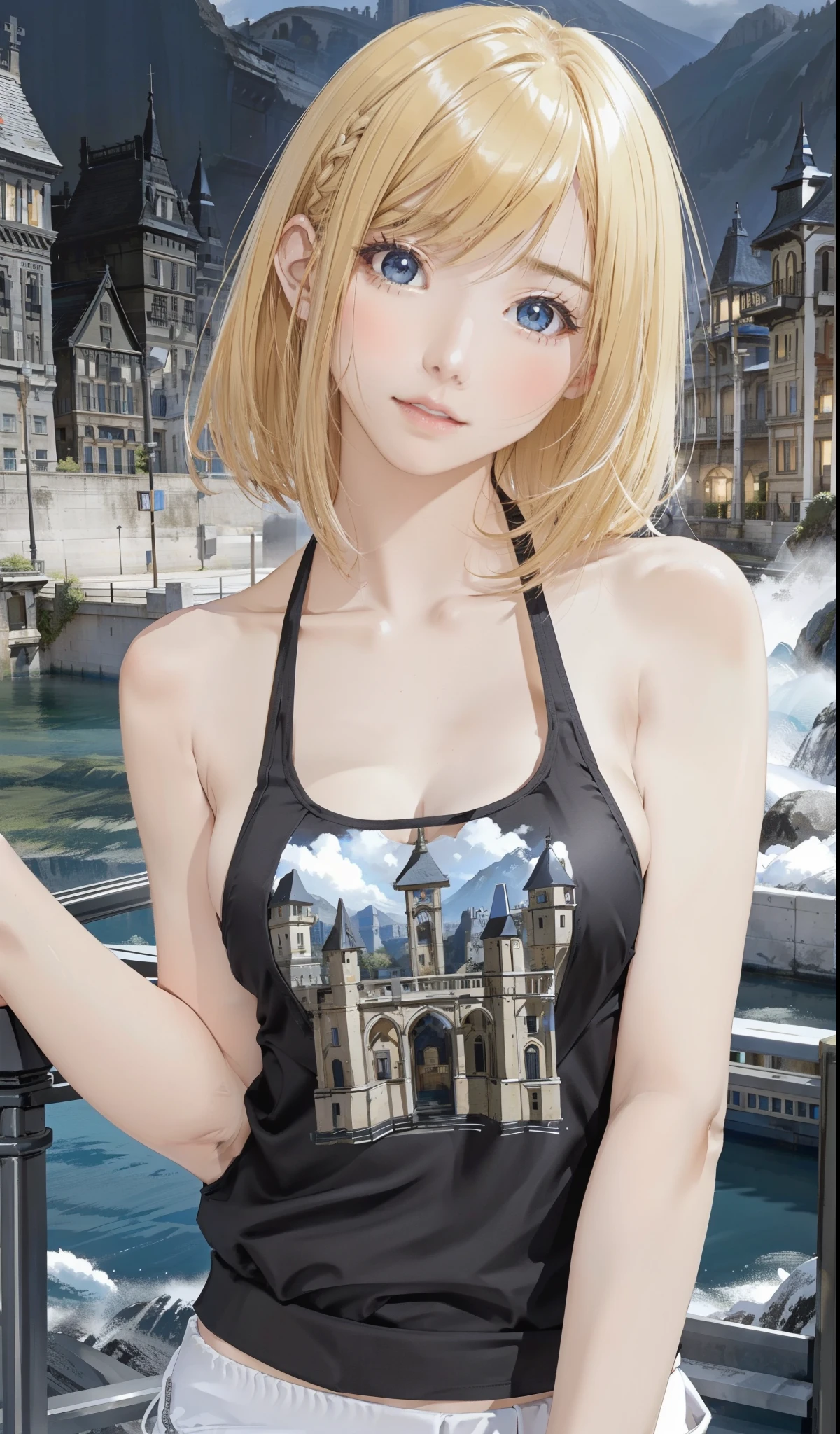 (masterpiece),(Highest quality), shape, (Fantasy:1.4), Perfect male face, alone, cute detailed digital art, Beautiful Face, blonde, city, Mountain, Young people, , paper_cut、Rough Chest Tank Top
