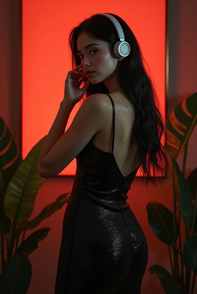 (photorealism:1.2), beautiful woman, stand in room, wear headphone, wearing black sparkling dress, long straight black hair, indoors, soft red lighting, plants and big screen in background, cozy room, relaxed pose, realistic, intricate details, warm colors, by Greg Rutkowski, by Alphonse Mucha