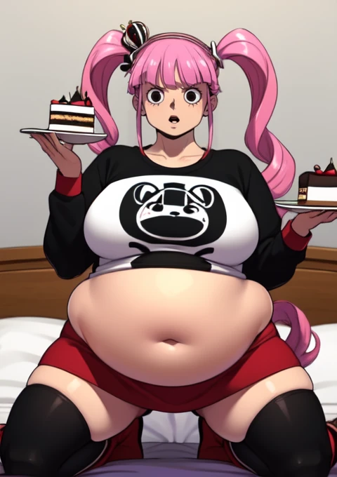 (masterpiece, best quality), 1girls, big belly, blurry background, huge belly, art by kipteitei, round belly, chubby, curvy, pink pony tails, red mini skirt, black and white striped thighhighs, simple_background, gradient_background, belly bursting out of white long sleeved reglan tee shirt ,(((black and white long sleeve tee shirt))), wearing a black and red crown , enormous belly, fat belly, thicc, bigger belly, really big belly, jiggly belly, giant huge belly, big enormous belly, ((((gigantic belly)))), bloated belly, fat belly, ginormous big belly, expanding big belly, sfw, safe for work, kneeling on bed, sfw (safe for work), perona , (((a person out of frame is feeding her cake, cake is being shoveled into her mouth, her lips are closed around a slice of cake, a platter of cake, she has her mouth open wide f))), sweating, blushing, (mouth open wide, she is saying aaah), ((her belly is being grabbed and played with by floating hands)), she is wearing red tall laced up boots, wearing red cloak