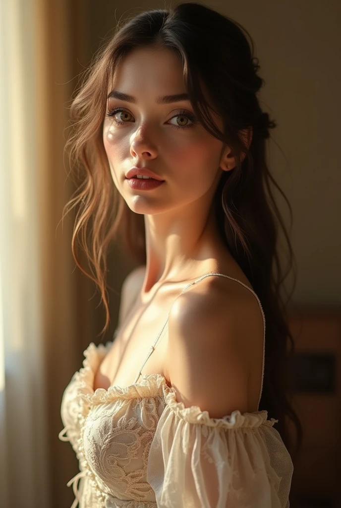 a beautiful woman in a vintage dress, 1girl, detailed face, beautiful eyes, long eyelashes, delicate lips, porcelain skin, elegant posture, long flowing hair, vintage style dress, intricate embroidery, lace accents, soft lighting, warm color palette, glowing skin, photorealistic, cinematic, highly detailed, masterpiece, 8k, (best quality:1.2), (realistic:1.37)