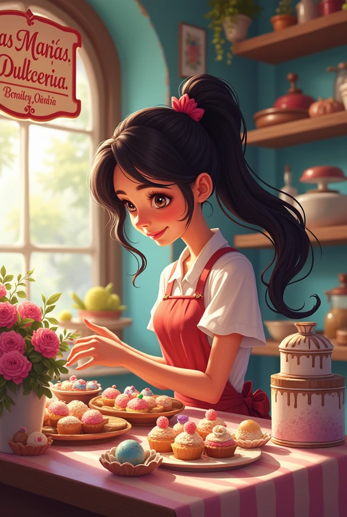 I want a girl making chocolates, sweets, etc. with pastel colors for a business, I don't want anything that is in English, everything in Spanish with the name of the place "THE MARIAS, Sweet shops"
