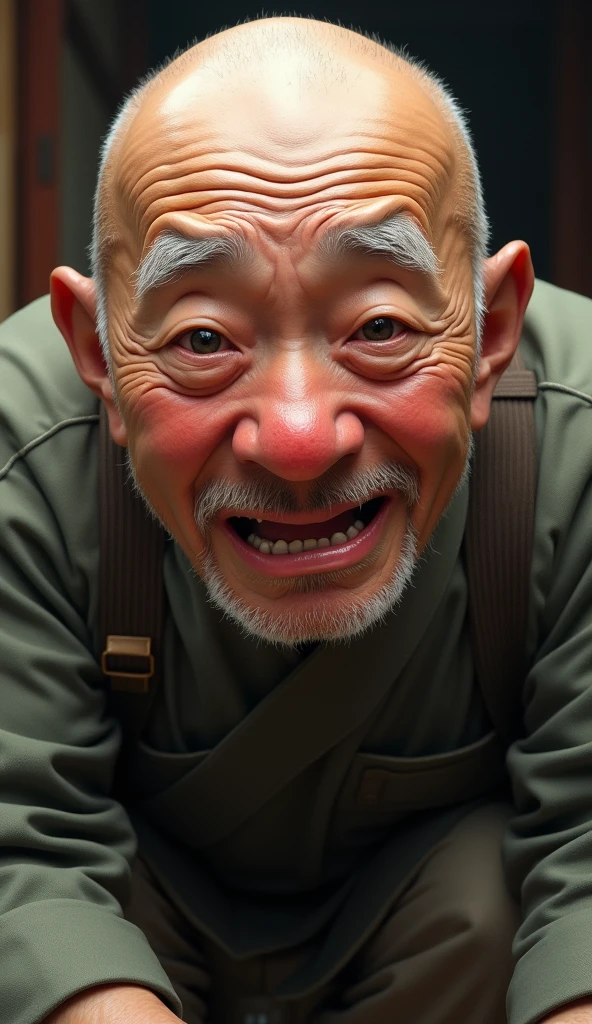 High resolution, masterpiece,Japanese、front、1 grandpa、bald、Blushing, Open your mouth, Wrinkle、A begging expression、charming face、I look at him as he kneels down, Nose bright red, Are crying, Droopy eyes,