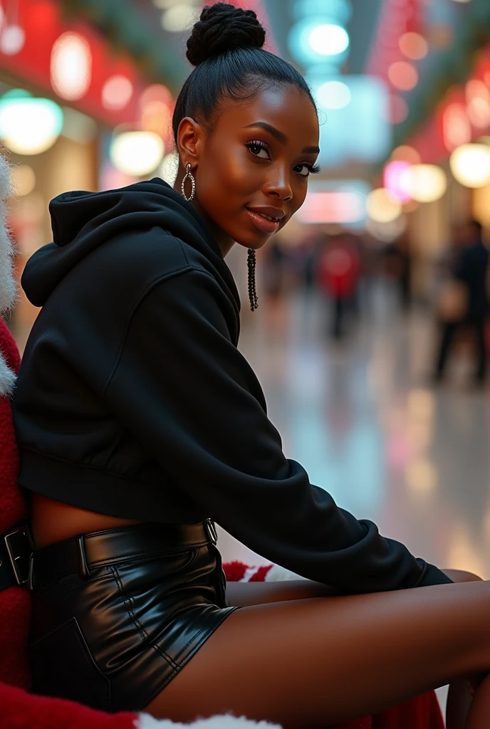 Black woman wearing leather short shorts and black hoodie hair in a bun setting on santas lap in the mall. The look on her face is eyes wide open and excited side view