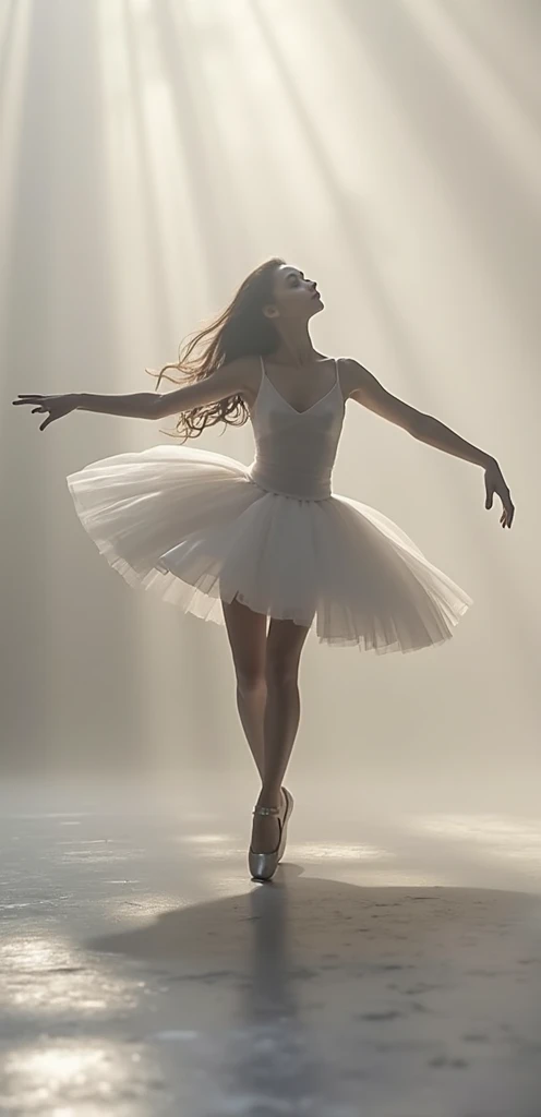 1 Girl, dancer, A stunning ballerina dancing gracefully on the stage, Beautiful and delicate eyes, Beautiful and delicate lips, Extremely detailed face and body, Long eyelashes, Elegant ballet pose, White tutu skirt, Pointe shoes, Flowing long hair, Dramatic Lighting, Dramatic cinematographic angles, Film composition, Chiaroscuro lighting, Dramatic shadows, 8K, masterpiece, best quality, very aesthetic, absurd