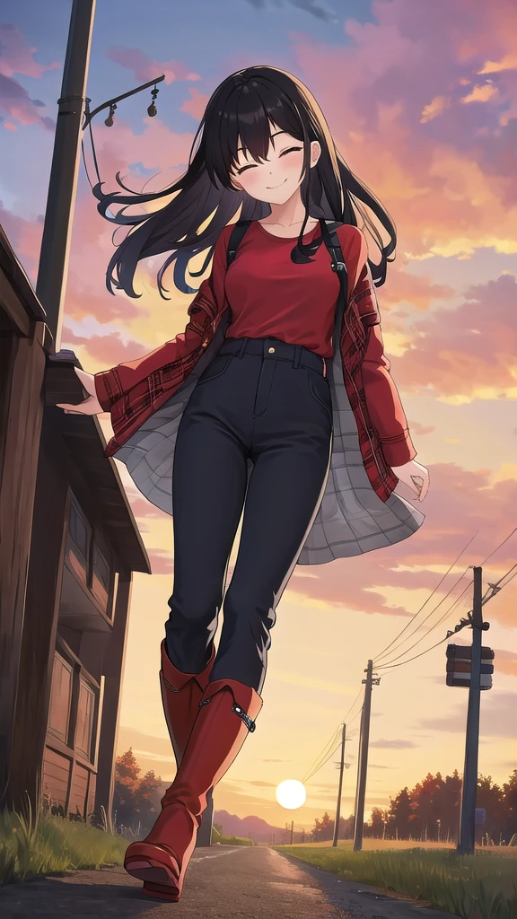woman, high, god, black hair, close eyes, smile, solo, One, costs, field, sunset, checkered shirt, Red shirt, pants, red knee-high boots, looking at the viewer, 8k, red boots, tapes, lamppost, super rear view, ultra quality, home, jewelry, leather boots, knee-high boots,