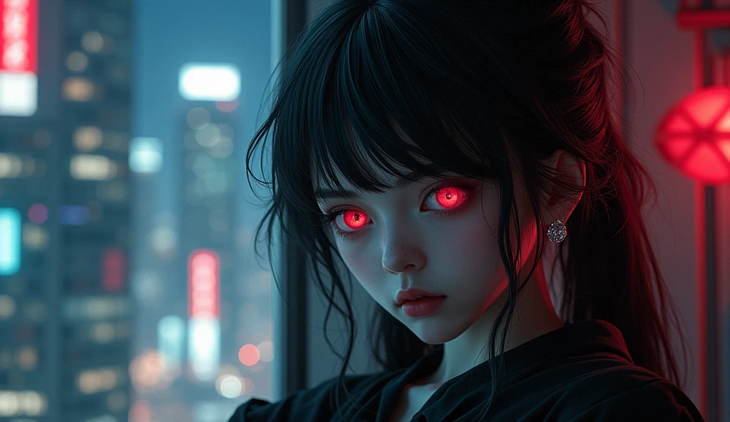 She looks cute on the outside but is very cold on the inside. She dresses conservatively but is a bit sexy. Her eyes are red, clearly showing a scary look, her hair is loose and long, she looks like an anime. She is near a window view a city with many lights of neon modern high-rise buildings in the evening.
