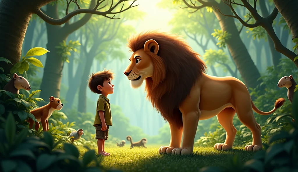 A boy with lion in jungle Around some other animal