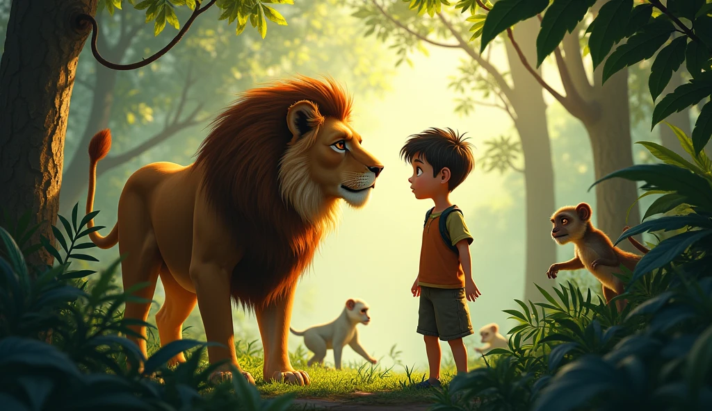 A boy with lion in jungle Around some other animal