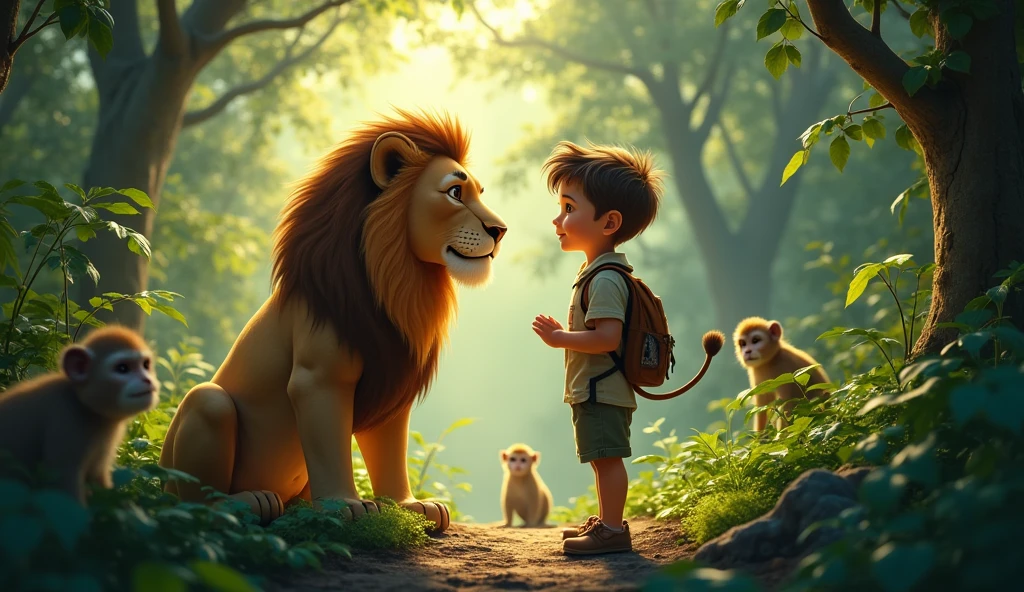 A boy with lion in jungle Around some other animal