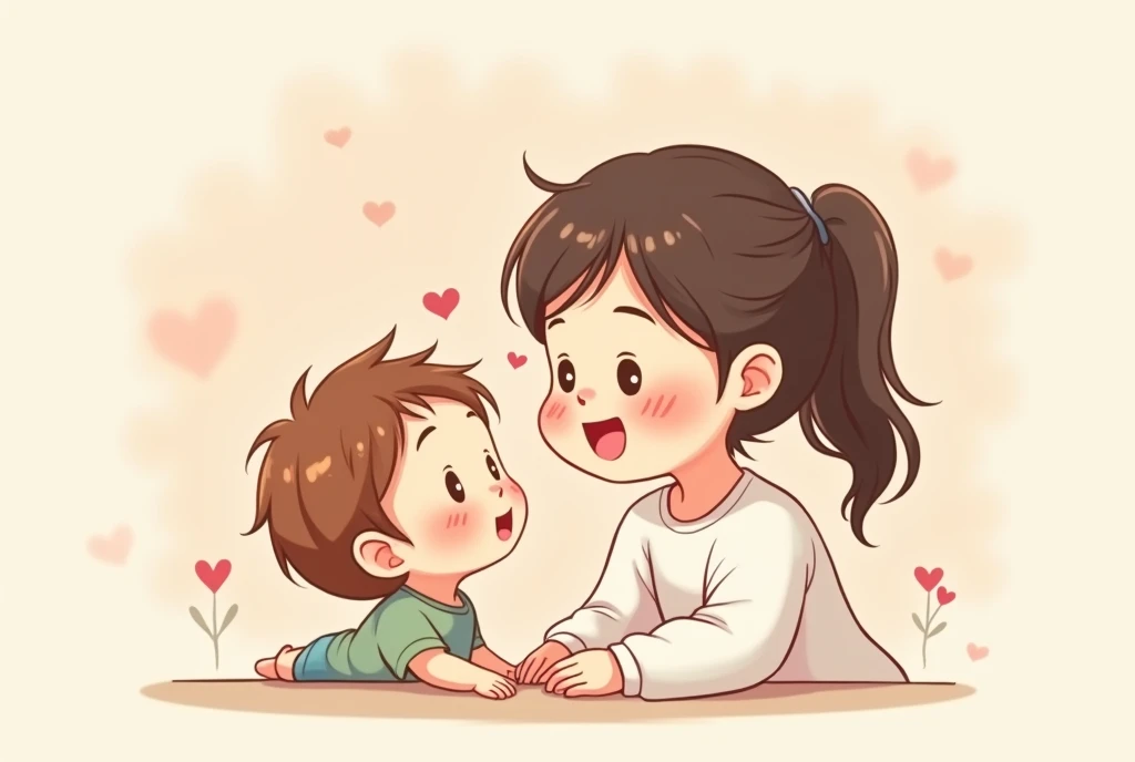 Cartoon image of mother smiling at , cartoon, cute cartoon, cute cartoon style, motherly love, cute illustration, clean anime art, simple background