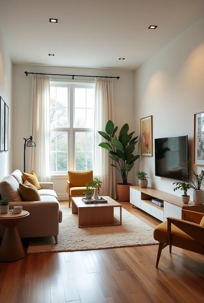 I envision an ideal living room with hardwood floors and light neutral walls, illuminated by a combination of recessed lighting and a stylish floor lamp, the focal point would be a comfortable sectional sofa in a neutral color like gray or beige, complemented by a couple of accent chairs in a bold color or pattern

A low-profile coffee table in natural wood or glass would sit in the center, with a cozy area rug underneath in a complementary pattern or texture, across from the sofa, a sleek media console with a large flat-screen TV mounted on the wall, flanked by built-in shelves displaying books, plants, and decorative items

Large windows would let in plenty of natural light, with light, airy curtains or blinds for privacy, and some potted plants or greenery to add a touch of nature, a statement piece of art or a gallery wall with framed photos and artwork would add personality to the space, making the living room a stylish and inviting area for relaxing and entertaining.