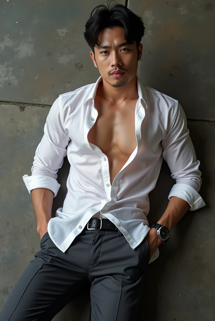Asian man(korean,vietnamese,chinese,Japanese), 20 years old, Handsome and elegant,beardless, Wearing a transparent shirt, sexy , Masculine and handsome,musculous,Muscles look good,hairy bodies, with fair skin,, Full body photo,(ultra-detailed, photorealistic, best quality, 4k, 8k, highres, masterpiece:1.3), charming , (muscular build body), wearing tailored shiny dress shirt, with the top button casually undone, perfectly fitted charcoal trousers, sweat, unbutton buttons shirt, lewd face ,tight chest, sex, erotic, horny, Accessories include a luxury wristwatch , in crowded places,looking at viewer,muscle veins, sexy posing,lying on the ground,top view,Wet shirt reveals muscles,No underwear,lewd smile