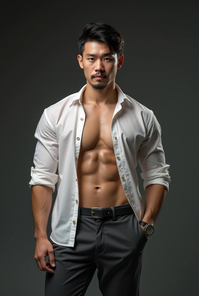 Asian man(korean,vietnamese,chinese,Japanese), 20 years old, Handsome and elegant,beardless, Wearing a transparent shirt, sexy , Masculine and handsome,musculous,Muscles look good,hairy bodies, with fair skin,, Full body photo,(ultra-detailed, photorealistic, best quality, 4k, 8k, highres, masterpiece:1.3), charming , (muscular build body), wearing tailored shiny dress shirt, with the top button casually undone, perfectly fitted charcoal trousers, sweat, unbutton buttons shirt, lewd face ,tight chest, sex, erotic, horny, Accessories include a luxury wristwatch , in crowded places,looking at viewer,muscle veins, sexy posing,lying on the ground,top view,Wet shirt reveals muscles,No underwear,lewd smile