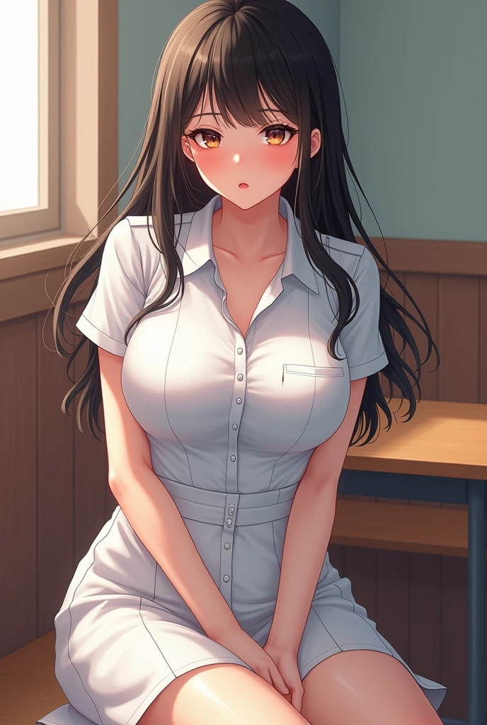 Masterpiece, Manhwa Art, A Korean girl, One Girl, Looking like an idol , Blushing Hard, Pouting cutely, Looking like she's trying to get someone attention, Eighteen plus years old girl, White uniform and skirt, gal type, gyaru type, hot and attractive, big oppai, tall and curvy, school girl, sitting to her chair