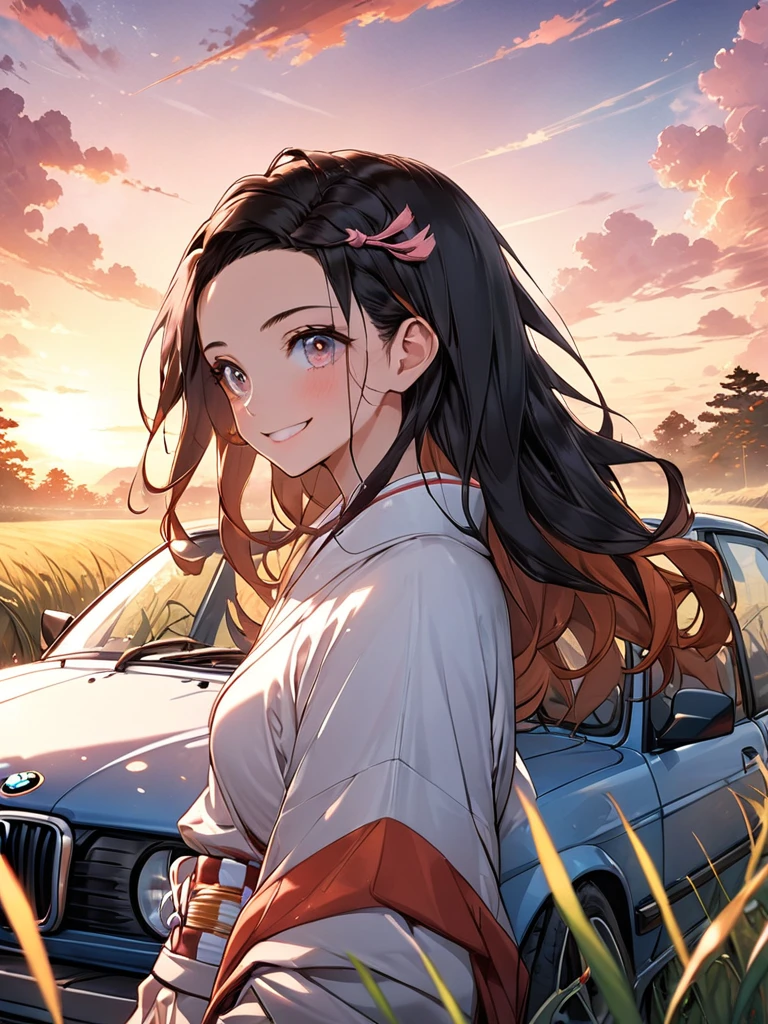 A girl, kamado nezuko from demon slayer series,(upper body: 1.8), attitude smiling, anime landscape of A pearl super sunny, Red classic 1993 BMW E30 318i sport sits in a field of tall grass with a sunset in the background.character must be sitting on the car, half pants, white sneakers,beautiful anime scene, beautiful anime peace scene, Makoto Shinkai Cyril Rolando, beautiful anime scene, amazing wallpaper, anime art wallpaper 8k, anime background, artistic anime background, anime wallpaper 4k, anime art 4k wallpaper, anime wallpaper art 4k,