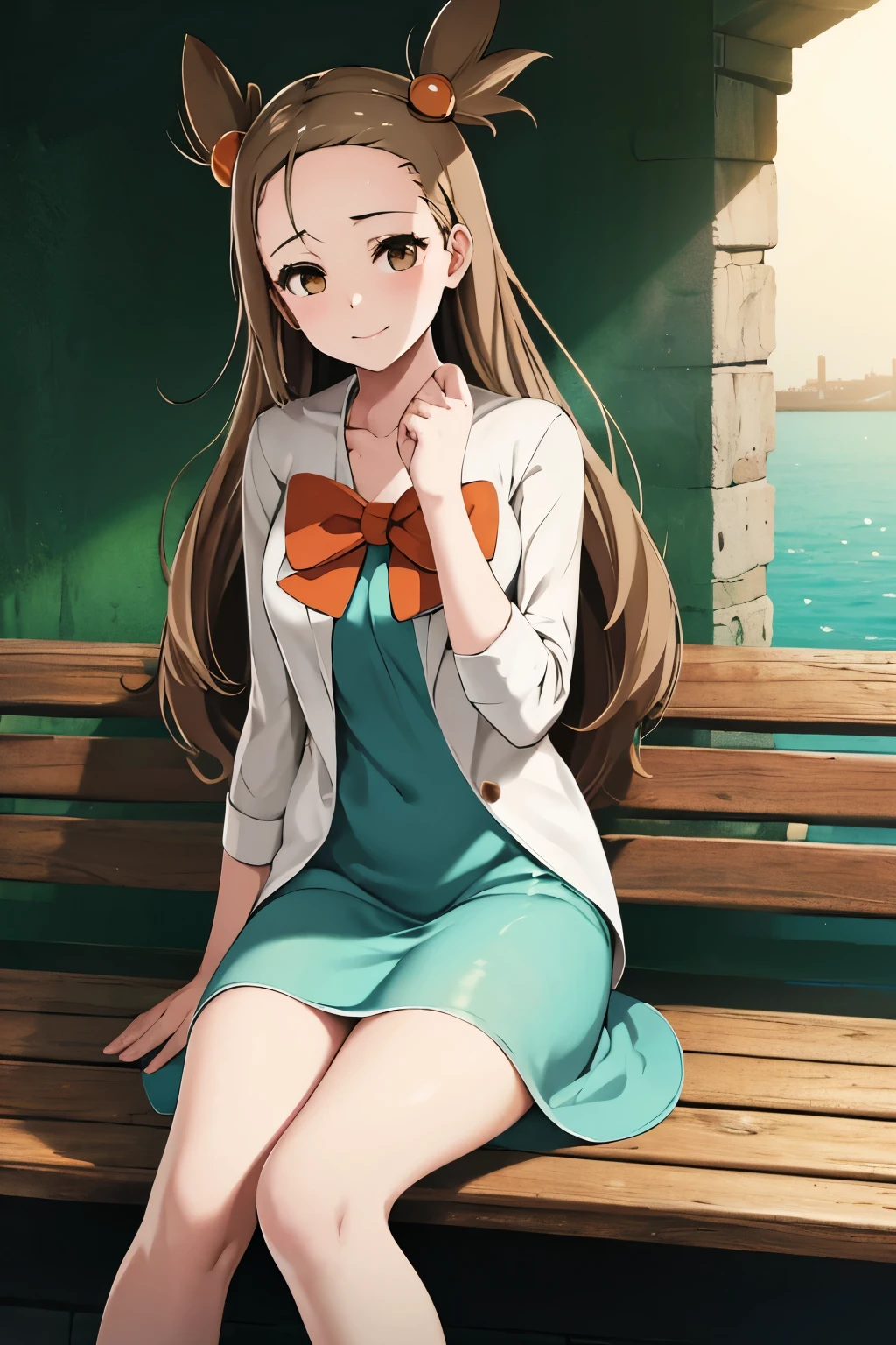 Perfect CG unity 8K UHD wallpaper, (masterpiece, best quality:1.2), extremely detailed, soft ambient lighting, sharp focus, 4K, BREAK 1girl, solo, jasmine \(pokemon\), aqua dress, white jacket, orange bow, brown eyes, sitting on bench, smile, looking at viewer, cowboy shot, outdoors, lighthouse