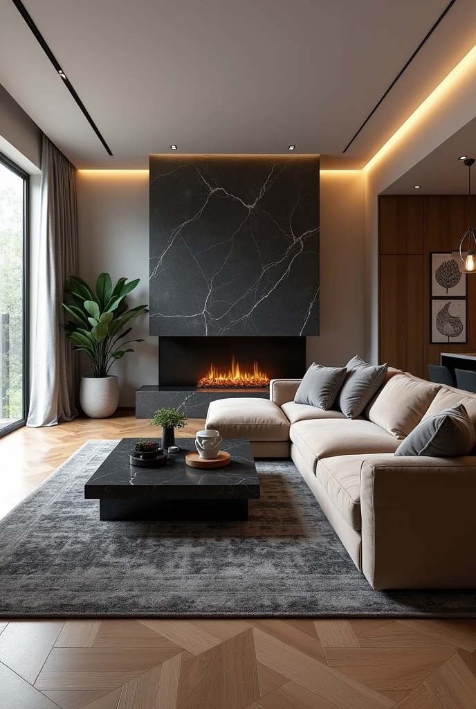 Professional 3d architecture rendering design of modern living room with so dark gray and dark beige and floranca velvet sofa set and medium flouting dark gray marble fireplace and brown laminate and elegant and modern accessories and modern windows and black slab stone middle table and elegant ceiling lighting and elegant accessories and elegant dark gray Persian carpet and modern ceiling lighting and white wall and elegant accessories and elegant green space