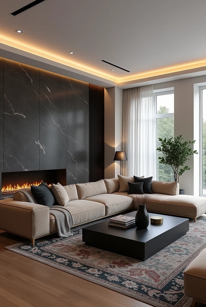 Professional 3d architecture rendering design of modern living room with so dark gray and dark beige and floranca velvet sofa set and medium flouting dark gray marble fireplace and brown laminate and elegant and modern accessories and modern windows and black slab stone middle table and elegant ceiling lighting and elegant accessories and elegant dark gray Persian carpet and modern ceiling lighting and white wall and elegant accessories and elegant green space