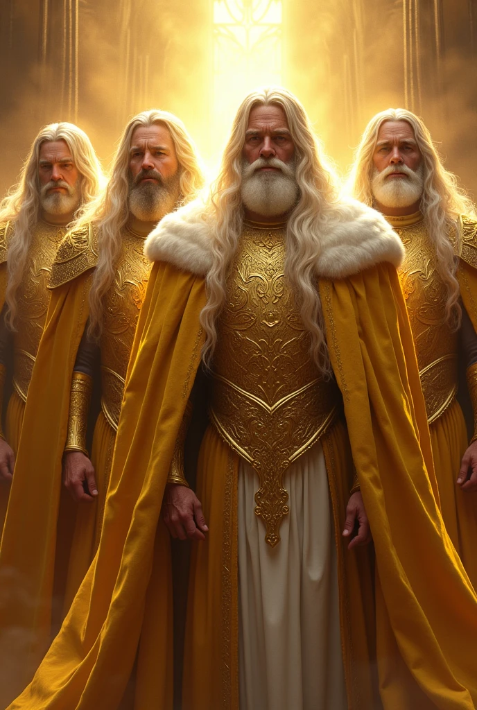 Make me a 4 king wearing big imposing golden armor , like light, ayant des cheveux et une barbe blonde soyeuse. Possessing a cape made of long white hairs at shoulder level