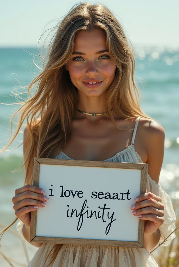 Beautiful girl with wavy long hair, bohemian dress, holding a white board with text "I Love Seaart Infinity" and showing it to the viewer