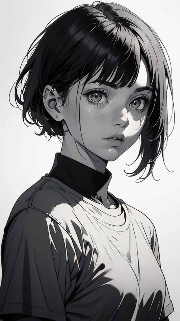 1 boyish girl, solo, sharp eyes, monochrome, greyscale, short black hair, portrait, white T-shirt, closed mouth, looking at viewer, graphite \(medium\), detailed lips, hatching \(texture\), without makeup, bangs, upper body, (best illustration), (best quality), (very detailed), (masterpiece), expressionless,