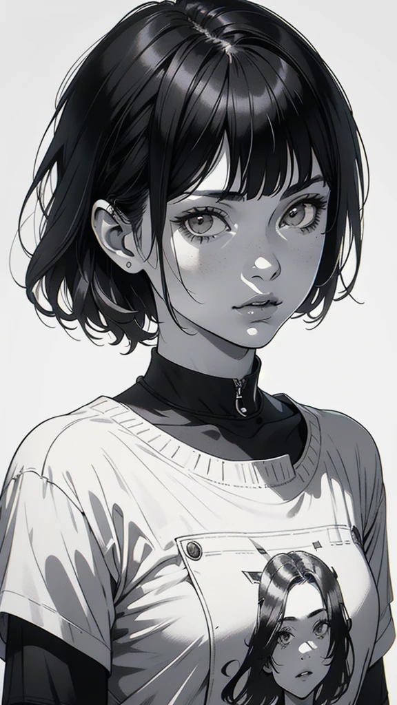 1 boyish girl, solo, sharp eyes, monochrome, greyscale, short black hair, portrait, white T-shirt, closed mouth, looking at viewer, graphite \(medium\), detailed lips, hatching \(texture\), without makeup, bangs, upper body, (best illustration), (best quality), (very detailed), (masterpiece), expressionless,