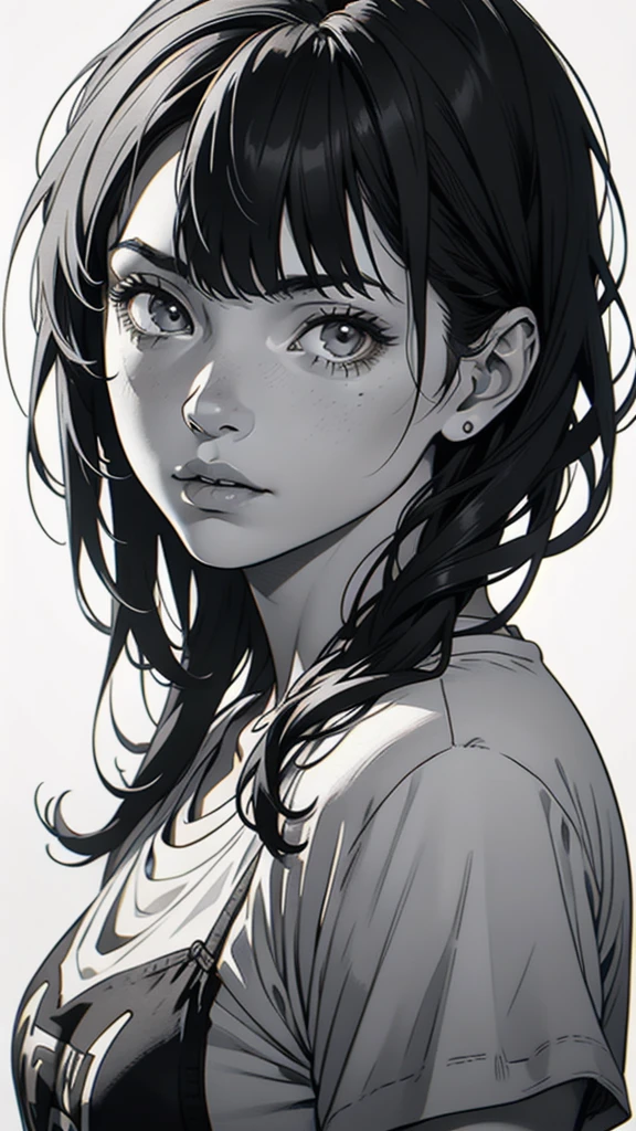 1 boyish girl, solo, sharp eyes, monochrome, greyscale, short black hair, portrait, white T-shirt, closed mouth, looking at viewer, graphite \(medium\), detailed lips, hatching \(texture\), without makeup, bangs, upper body, (best illustration), (best quality), (very detailed), (masterpiece), expressionless,