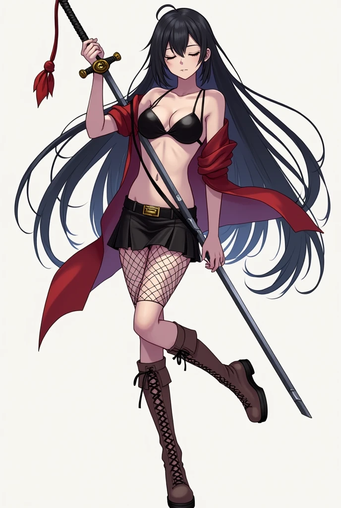 semi-style illustration, a female character with long, flowing black hair, no bangs, pale skin and steely black eyes, exuding a calm, dynamic pose, one leg bent while holding a long sword across her body, wearing a rather thin red sleeveless top, a very short black leather skirt, fishnet stockings and high-top brown boots. The overall style is consistent with anime and manga aesthetics, characterized by detailed hair and expressive eyes.