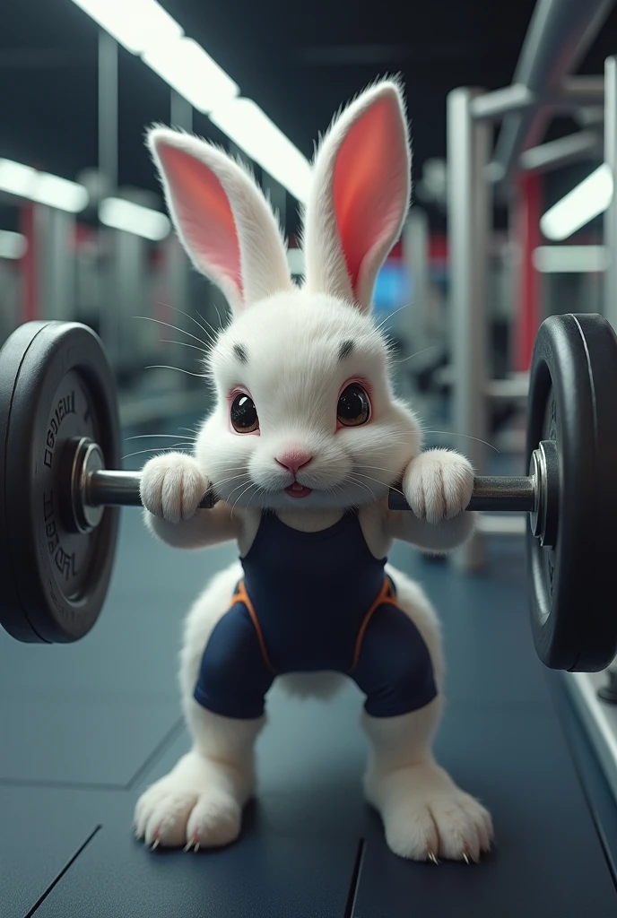 A bunny training in the gym with clothes