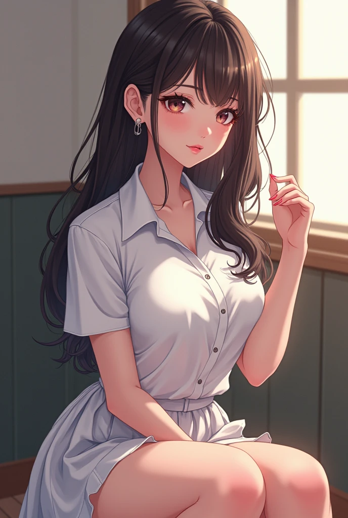 Masterpiece, Manhwa Art, A Korean girl, One Girl, Looking like an idol , Blushing Hard, Pouting cutely, Looking like she's trying to get someone attention, Eighteen plus years old girl, White uniform and skirt, gal type, gyaru type, hot and attractive, big oppai, tall and curvy, school girl, sitting to her chair